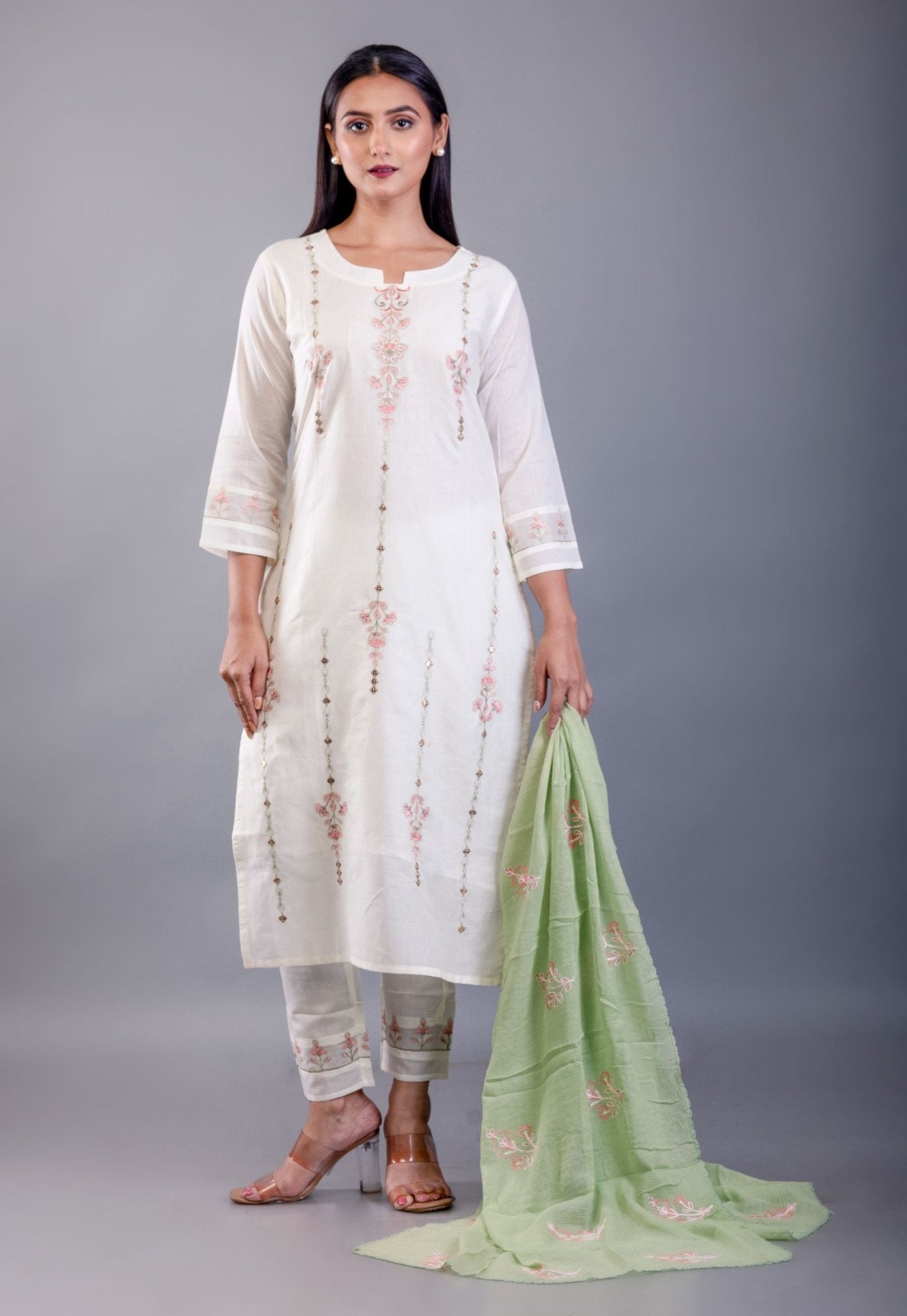 White and Green Cotton Kurti Set with Embroidered Work - Anvi Couture