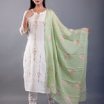 White and Green Cotton Kurti Set with Embroidered Work - Anvi Couture