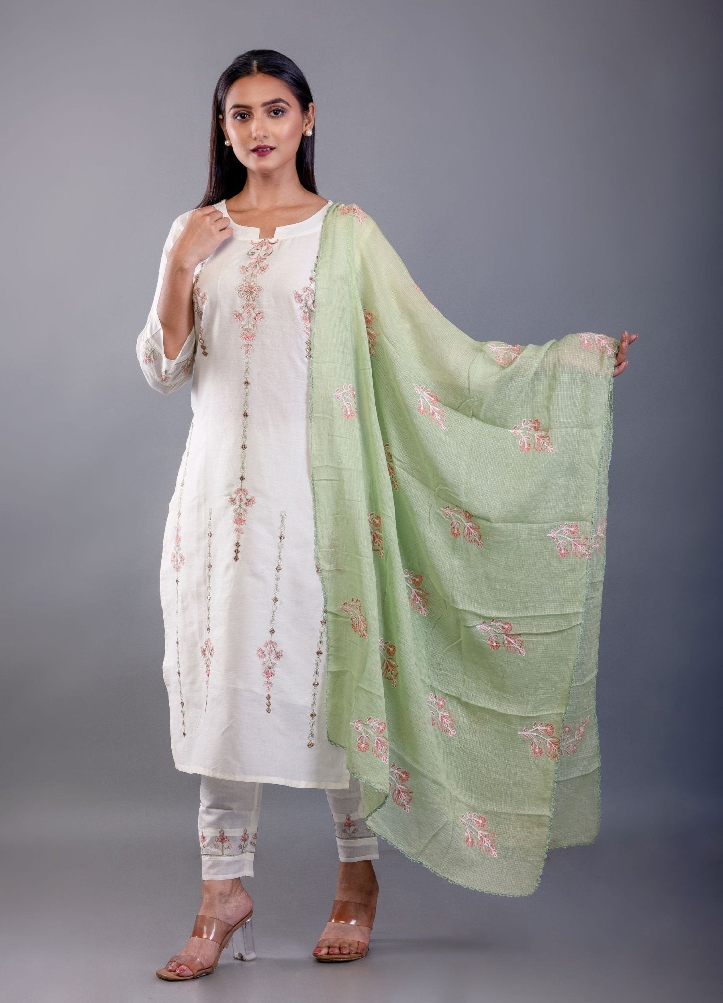 White and Green Cotton Kurti Set with Embroidered Work - Anvi Couture