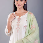 White and Green Cotton Kurti Set with Embroidered Work - Anvi Couture