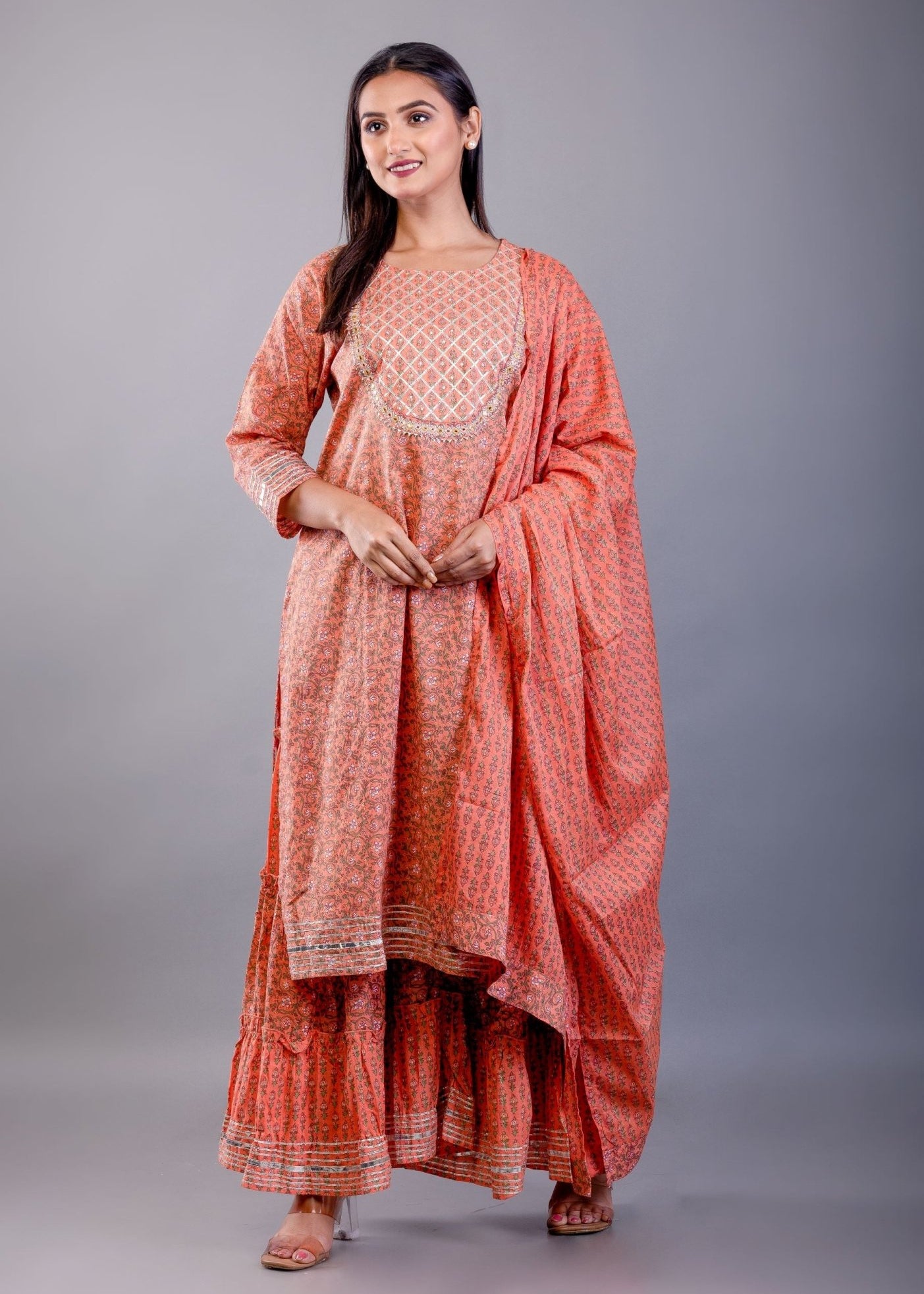 Rust Orange Cotton Palazzo Sets with Gota Work - Anvi Couture