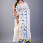 Off White Handloom Cotton Saree with Blue Floral Embroidered - Anvi Couture