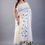 Off White Handloom Cotton Saree with Blue Floral Embroidered - Anvi Couture