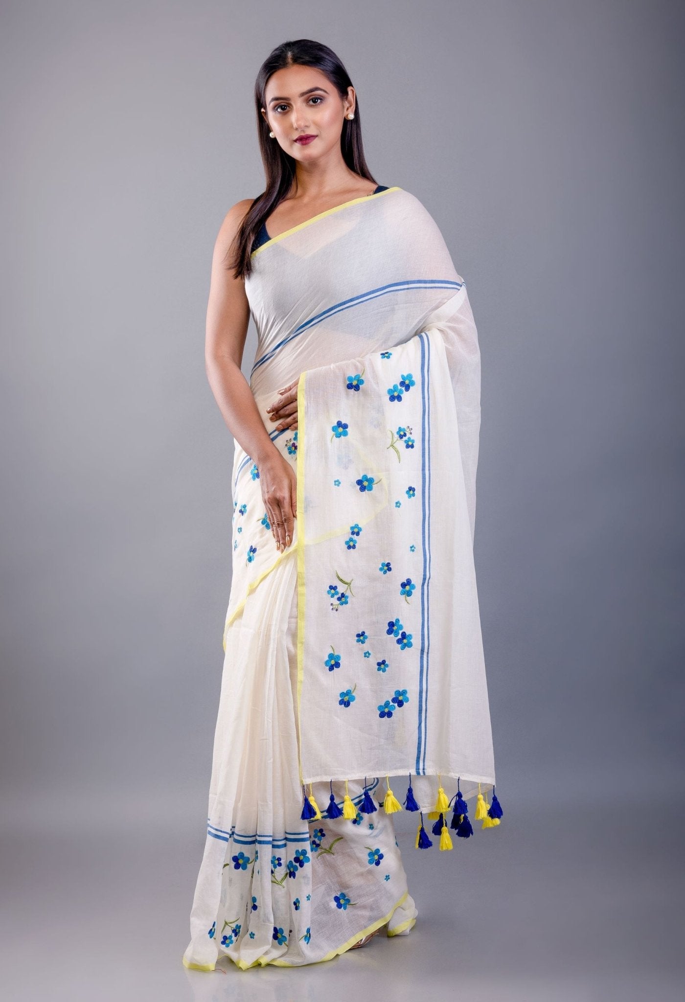Off White Handloom Cotton Saree with Blue Floral Embroidered - Anvi Couture