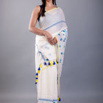 Off White Handloom Cotton Saree with Blue Floral Embroidered - Anvi Couture