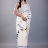 Off White Handloom Cotton Saree with Blue Floral Embroidered - Anvi Couture