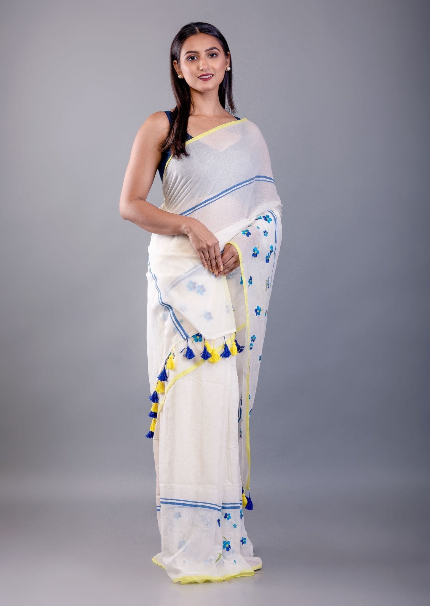 Off White Handloom Cotton Saree with Blue Floral Embroidered - Anvi Couture