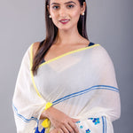 Off White Handloom Cotton Saree with Blue Floral Embroidered - Anvi Couture