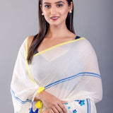 Off White Handloom Cotton Saree with Blue Floral Embroidered - Anvi Couture