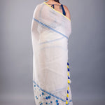 Off White Handloom Cotton Saree with Blue Floral Embroidered - Anvi Couture