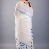 Off White Handloom Cotton Saree with Blue Floral Embroidered - Anvi Couture