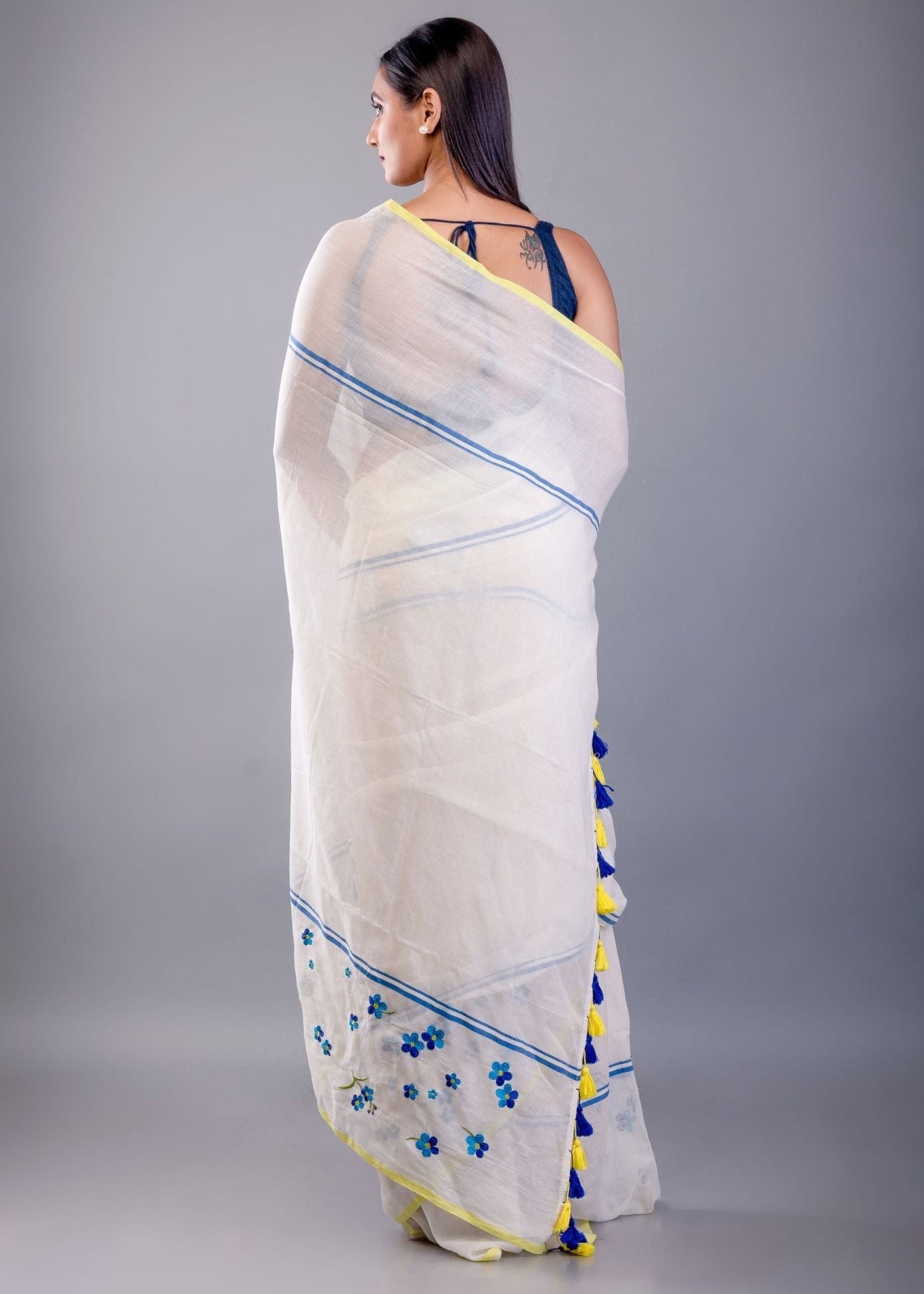 Off White Handloom Cotton Saree with Blue Floral Embroidered - Anvi Couture