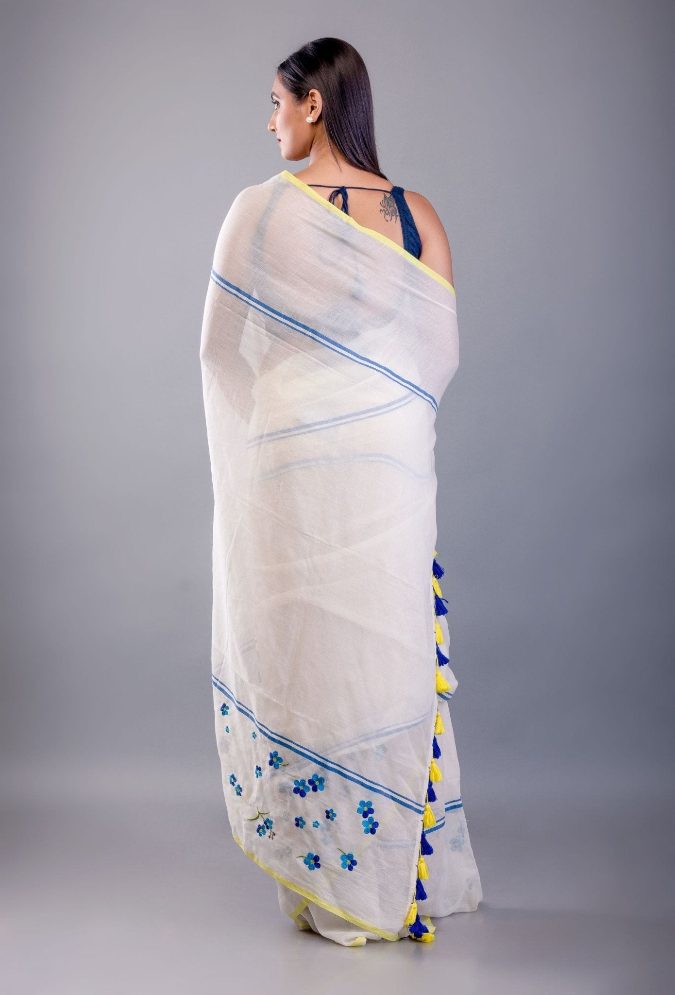 Off White Handloom Cotton Saree with Blue Floral Embroidered - Anvi Couture