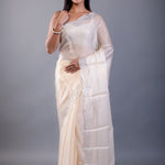 Ivory White Jimmy Choo Saree with Stone Border - Anvi Couture