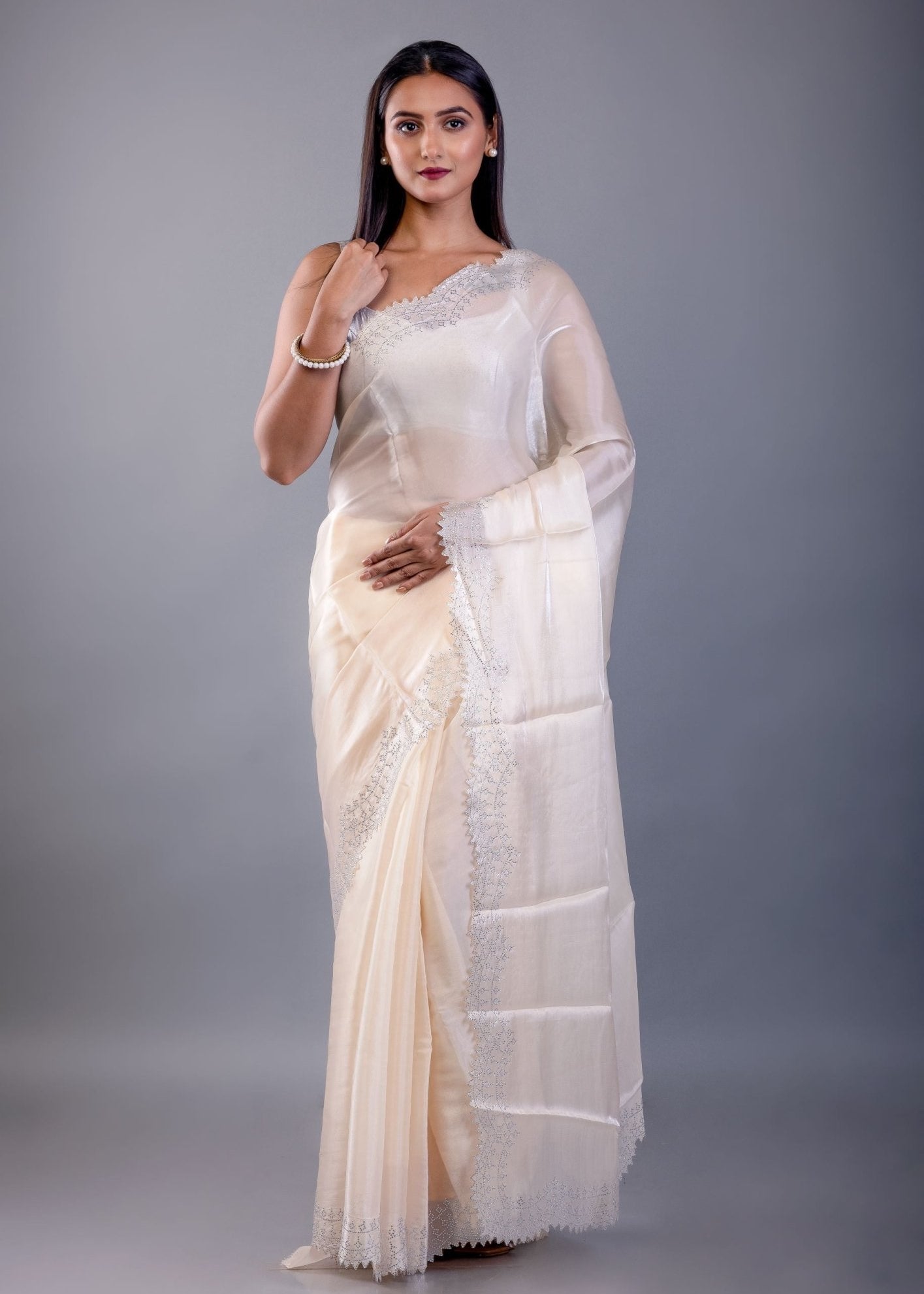 Ivory White Jimmy Choo Saree with Stone Border - Anvi Couture