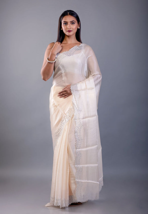 Ivory White Jimmy Choo Saree with Stone Border - Anvi Couture