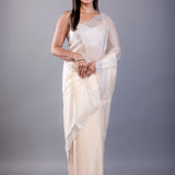 Ivory White Jimmy Choo Saree with Stone Border - Anvi Couture