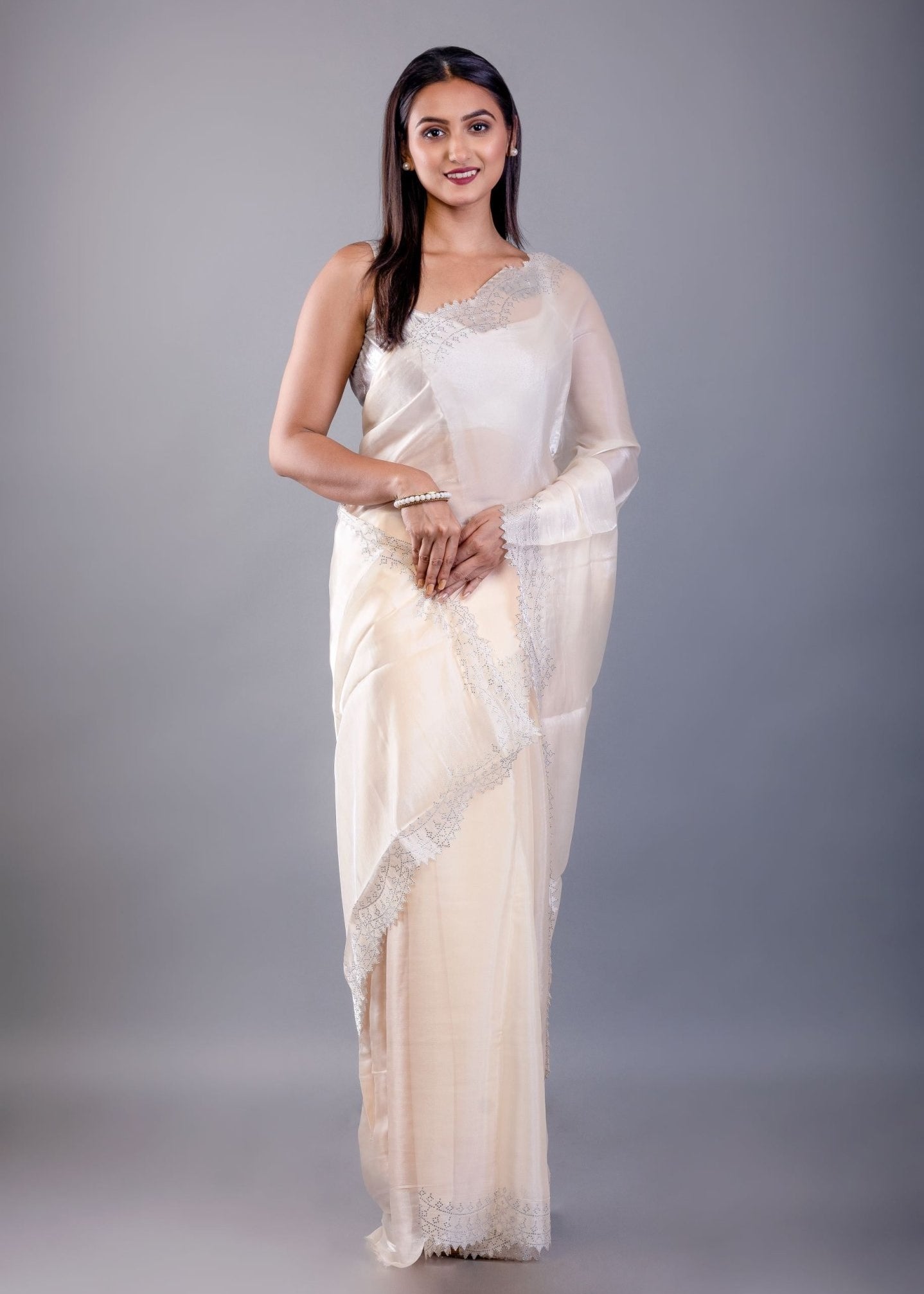 Ivory White Jimmy Choo Saree with Stone Border - Anvi Couture
