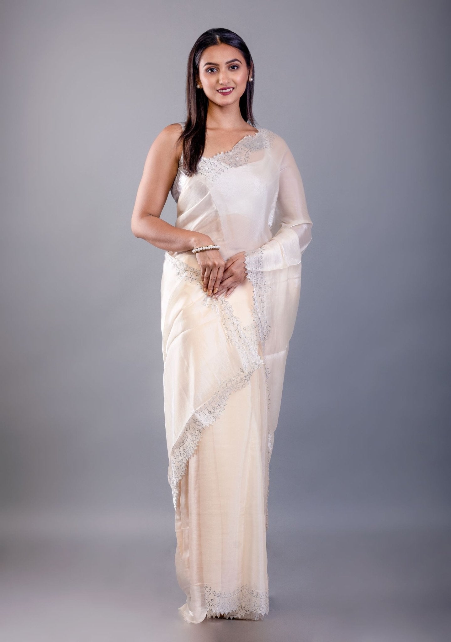 Ivory White Jimmy Choo Saree with Stone Border - image 2