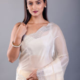 Ivory White Jimmy Choo Saree with Stone Border - Anvi Couture