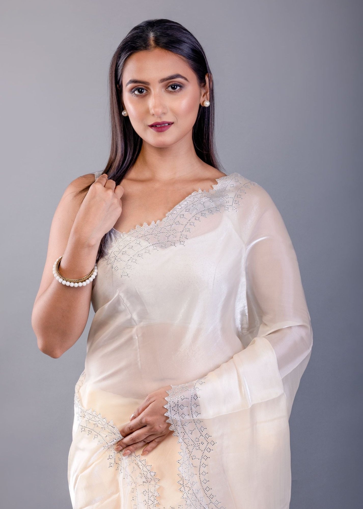 Ivory White Jimmy Choo Saree with Stone Border - Anvi Couture