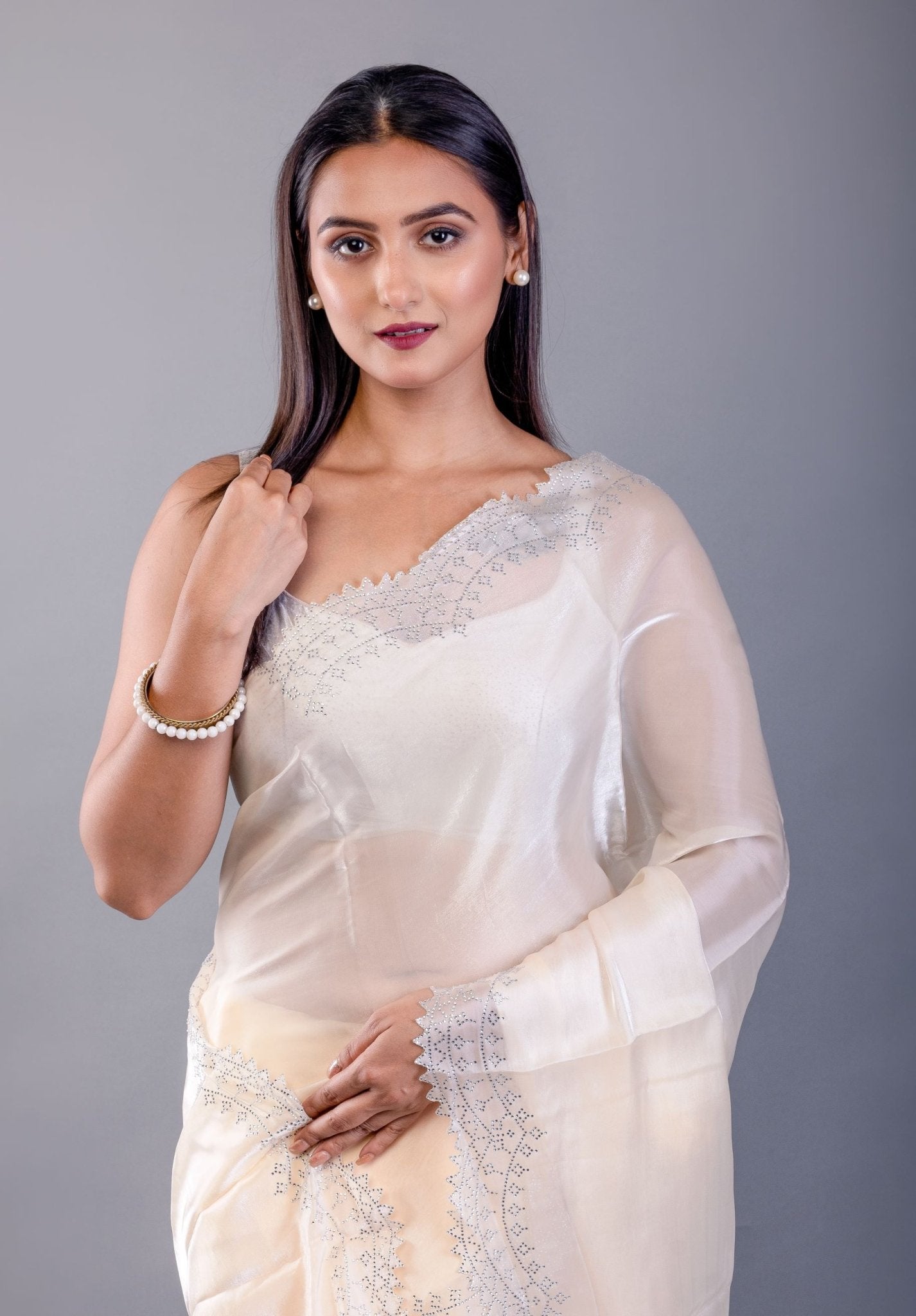 Ivory White Jimmy Choo Saree with Stone Border - image 3