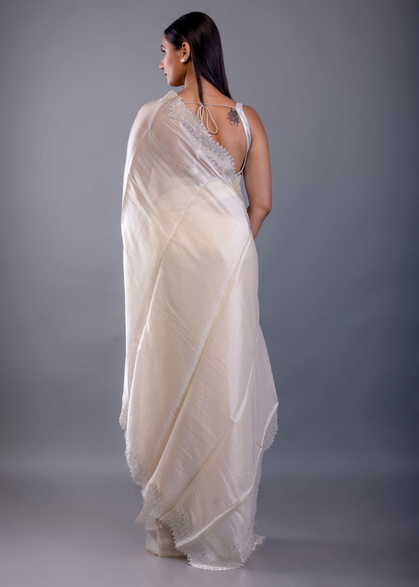 Ivory White Jimmy Choo Saree with Stone Border - Anvi Couture