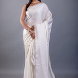 Off White Crepe Silk Saree with Hand Embroidered Border - Anvi Couture