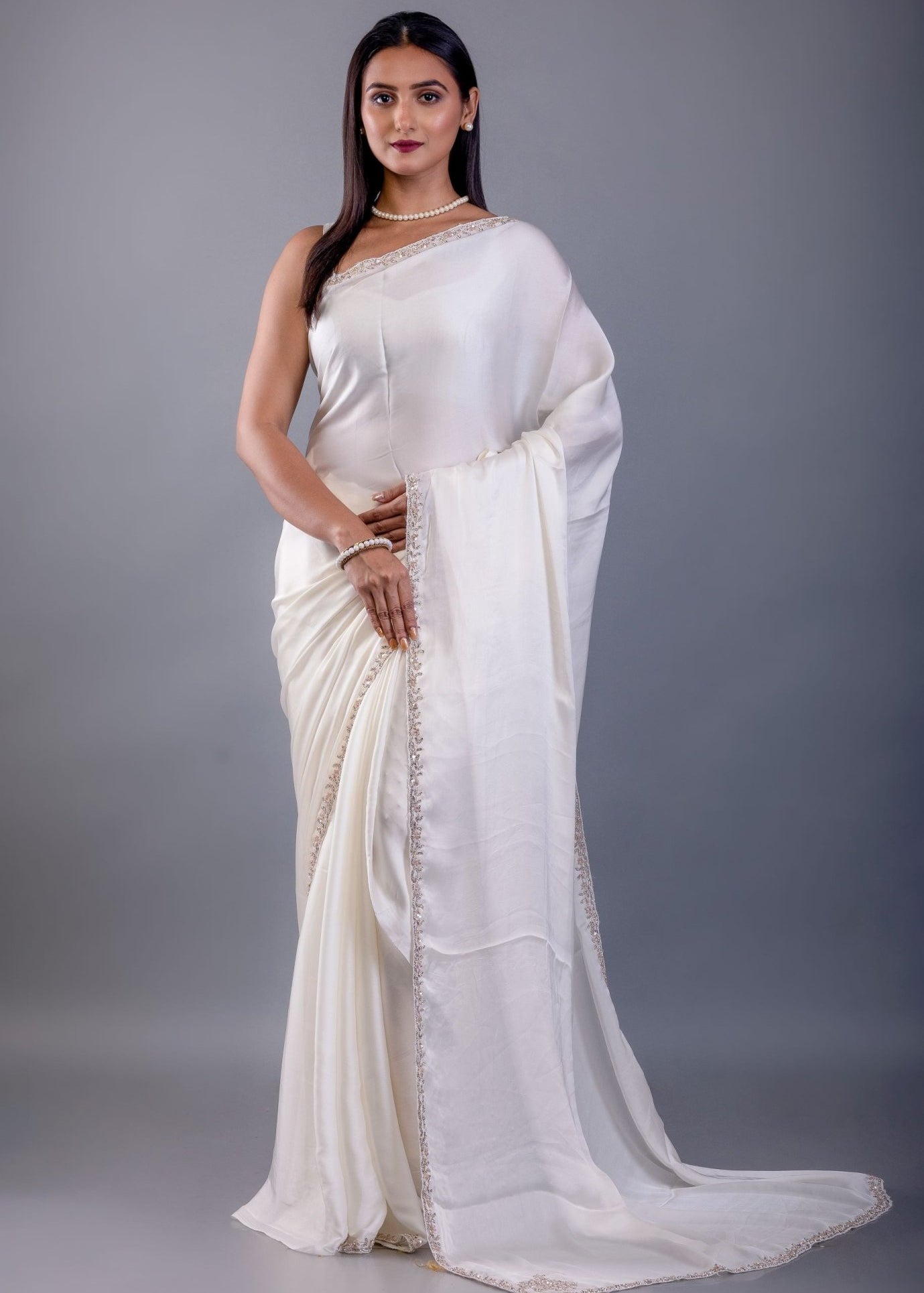 Off White Crepe Silk Saree with Hand Embroidered Border - Anvi Couture