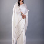 Off White Crepe Silk Saree with Hand Embroidered Border - Anvi Couture