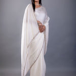 Off White Crepe Silk Saree with Hand Embroidered Border - Anvi Couture