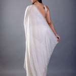 Off White Crepe Silk Saree with Hand Embroidered Border - Anvi Couture