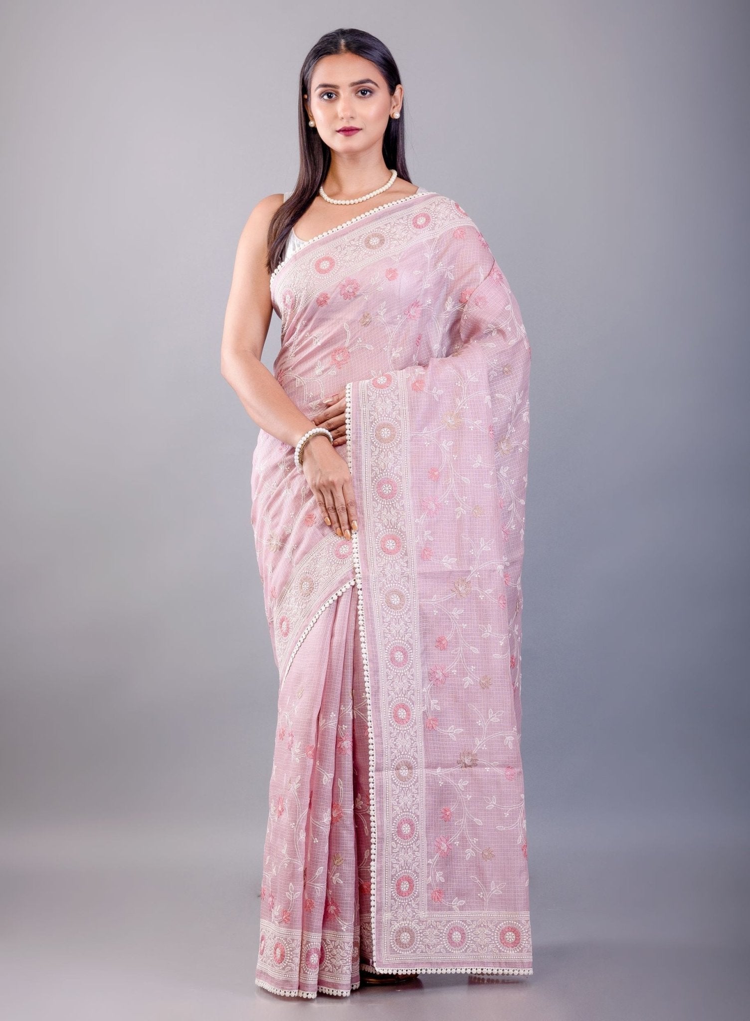 Pink Resham Embroidered Silk Kota Saree - Anvi Couture