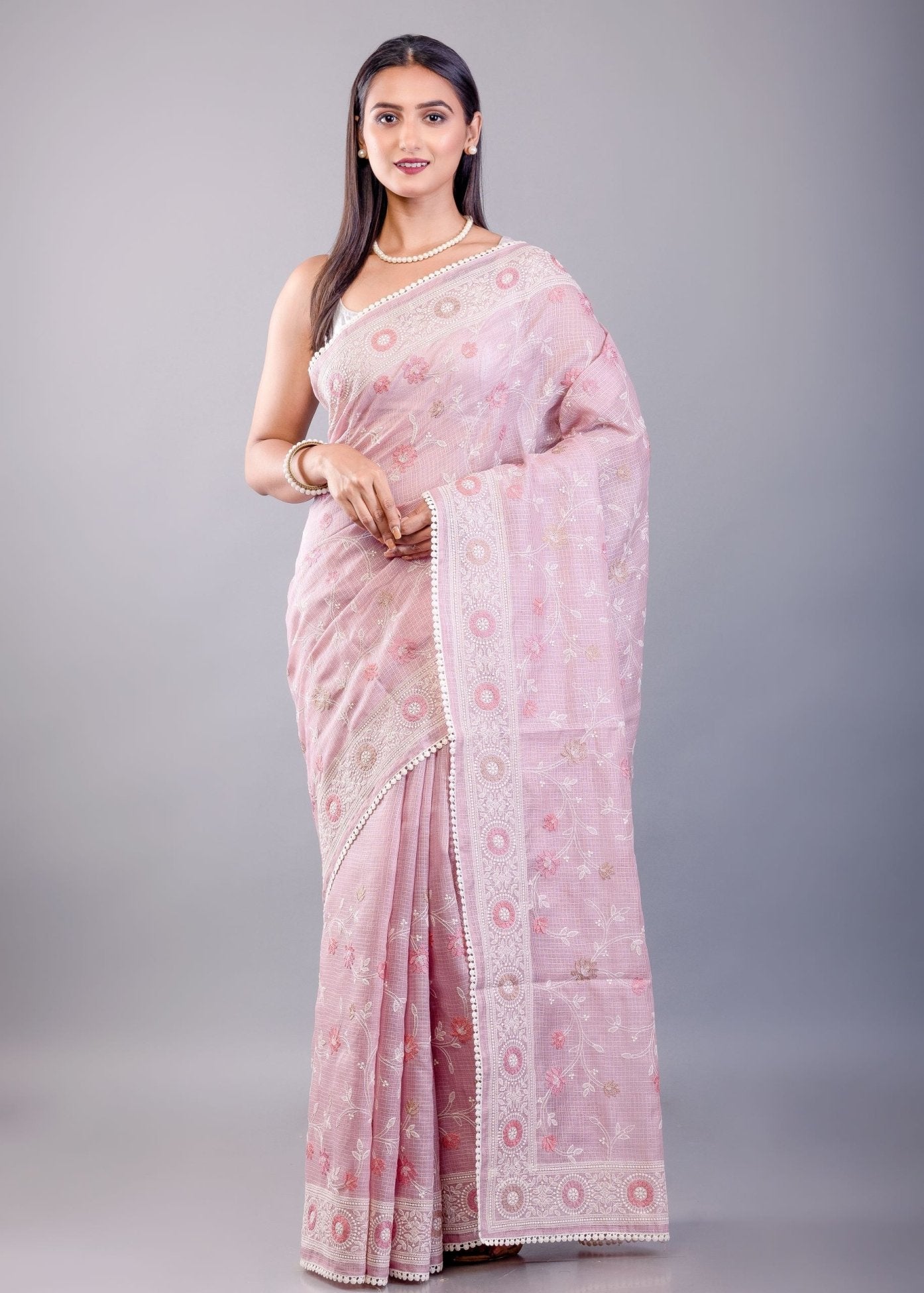 Pink Resham Embroidered Silk Kota Saree - Anvi Couture