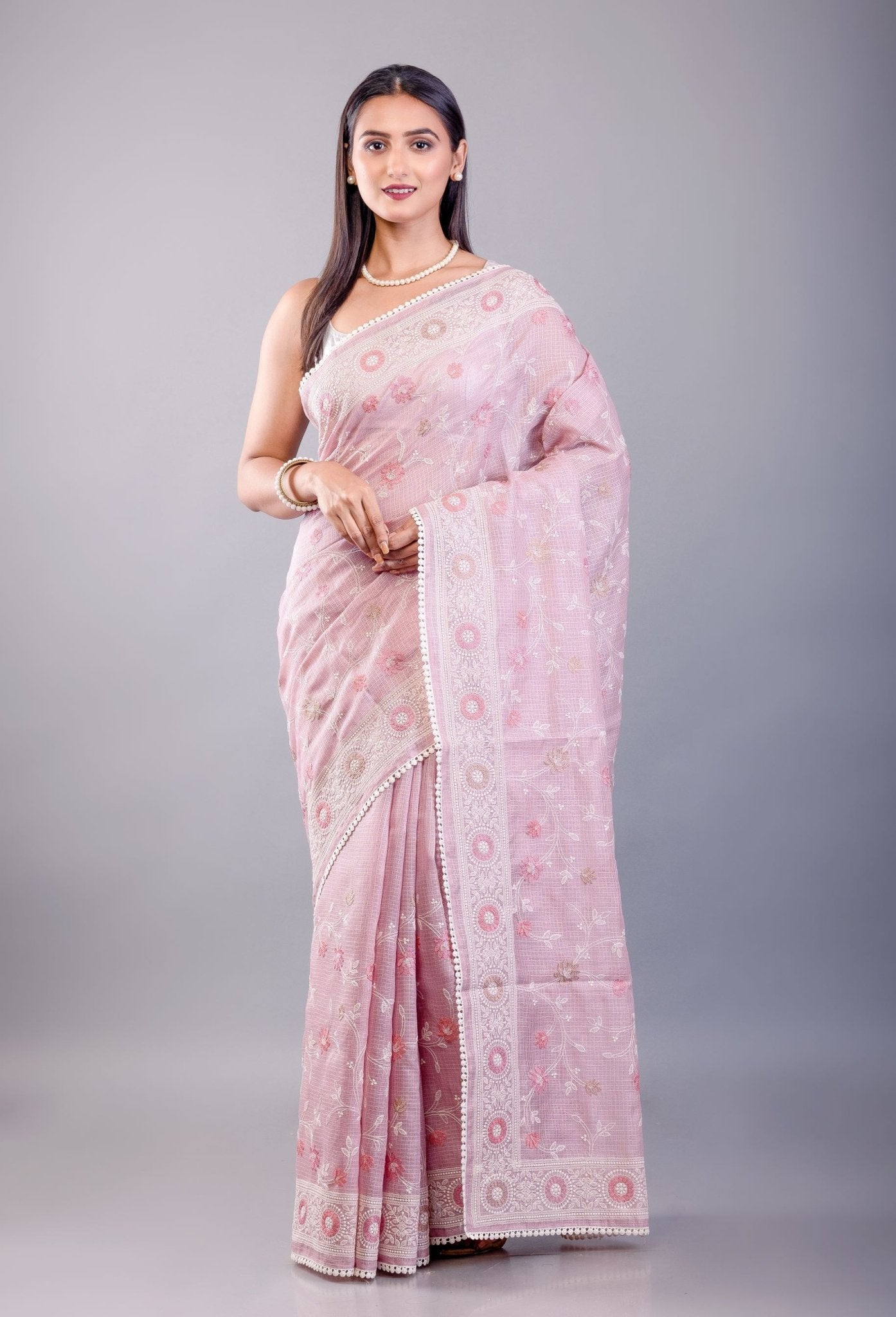 Pink Resham Embroidered Silk Kota Saree - Anvi Couture