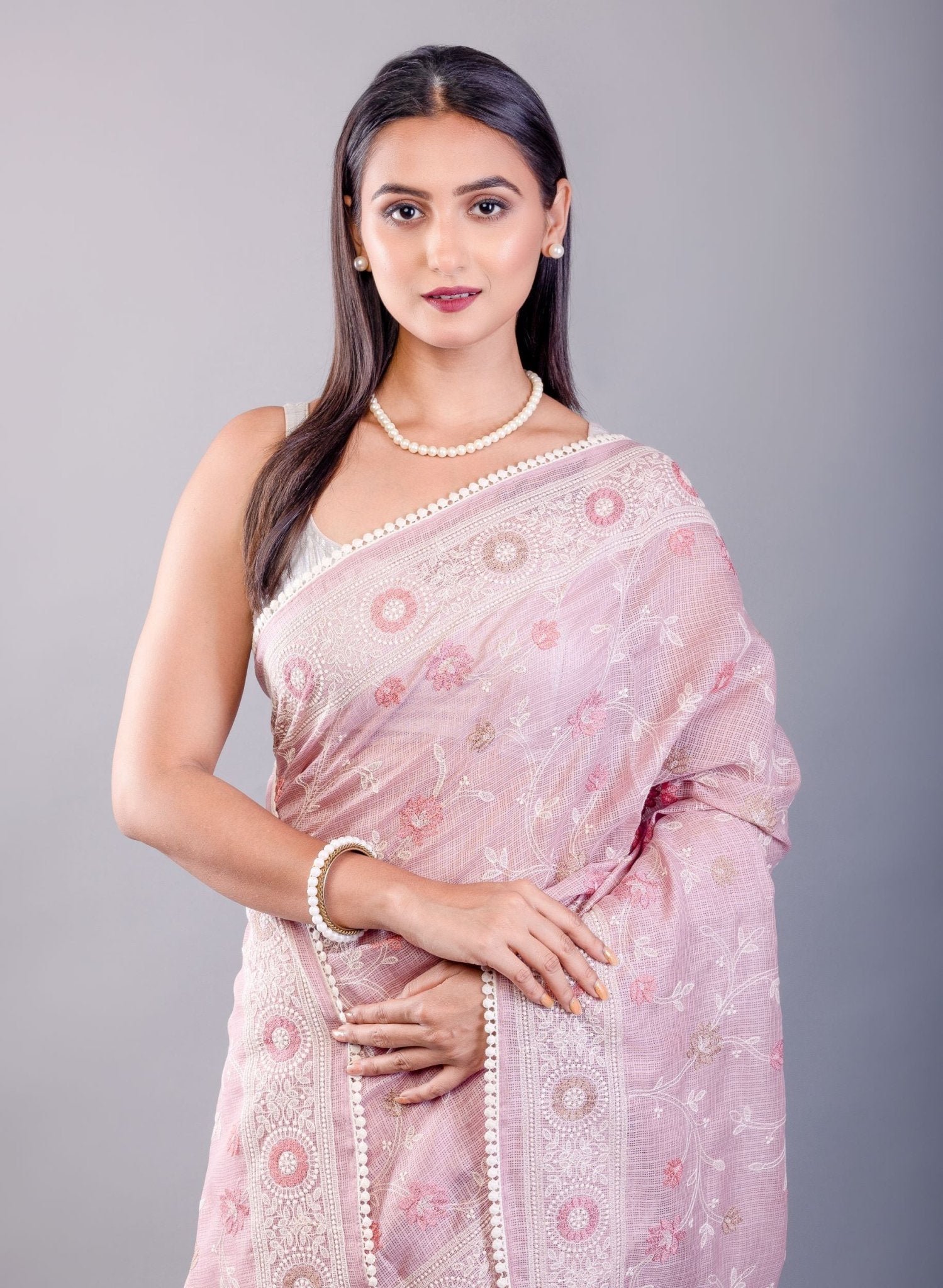 Pink Resham Embroidered Silk Kota Saree - Anvi Couture