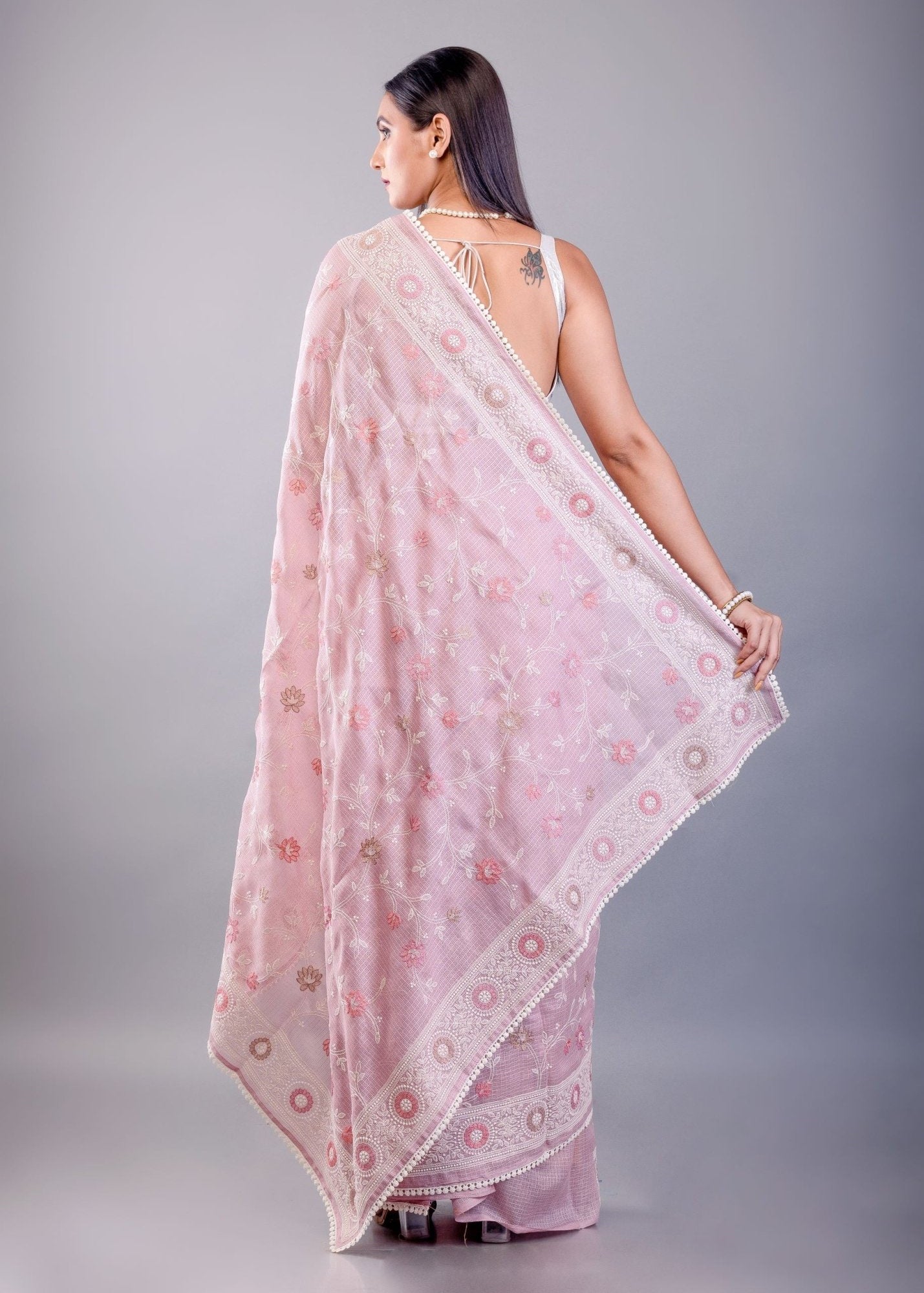 Pink Resham Embroidered Silk Kota Saree - Anvi Couture