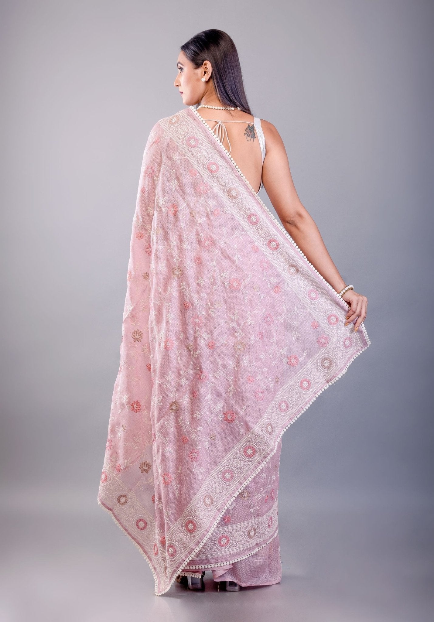 Pink Resham Embroidered Silk Kota Saree - Anvi Couture