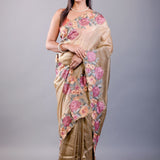 Mehendi Green Tissue Silk Saree with Floral Thread Embroidered Work - Anvi Couture