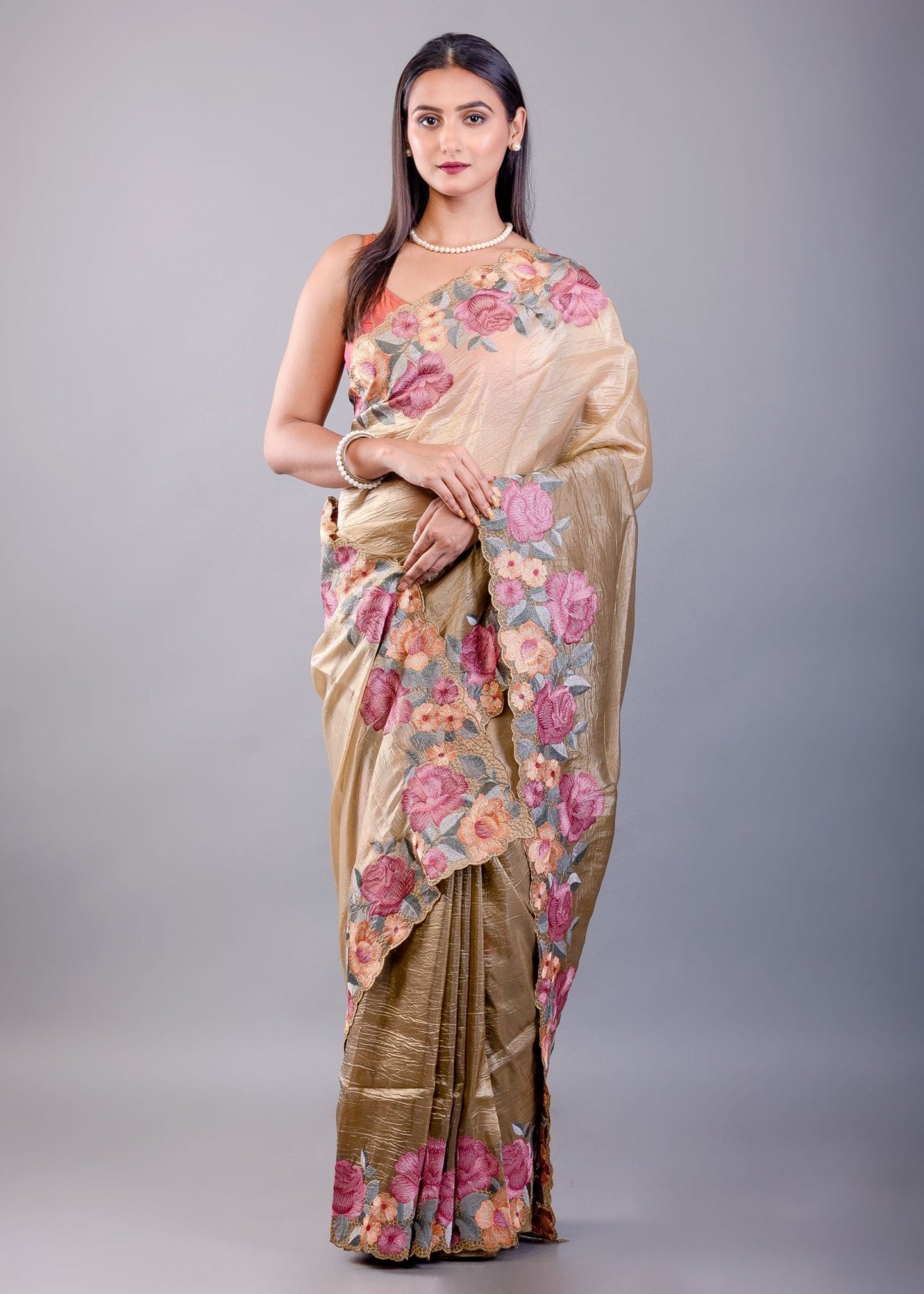 Mehendi Green Tissue Silk Saree with Floral Thread Embroidered Work - Anvi Couture