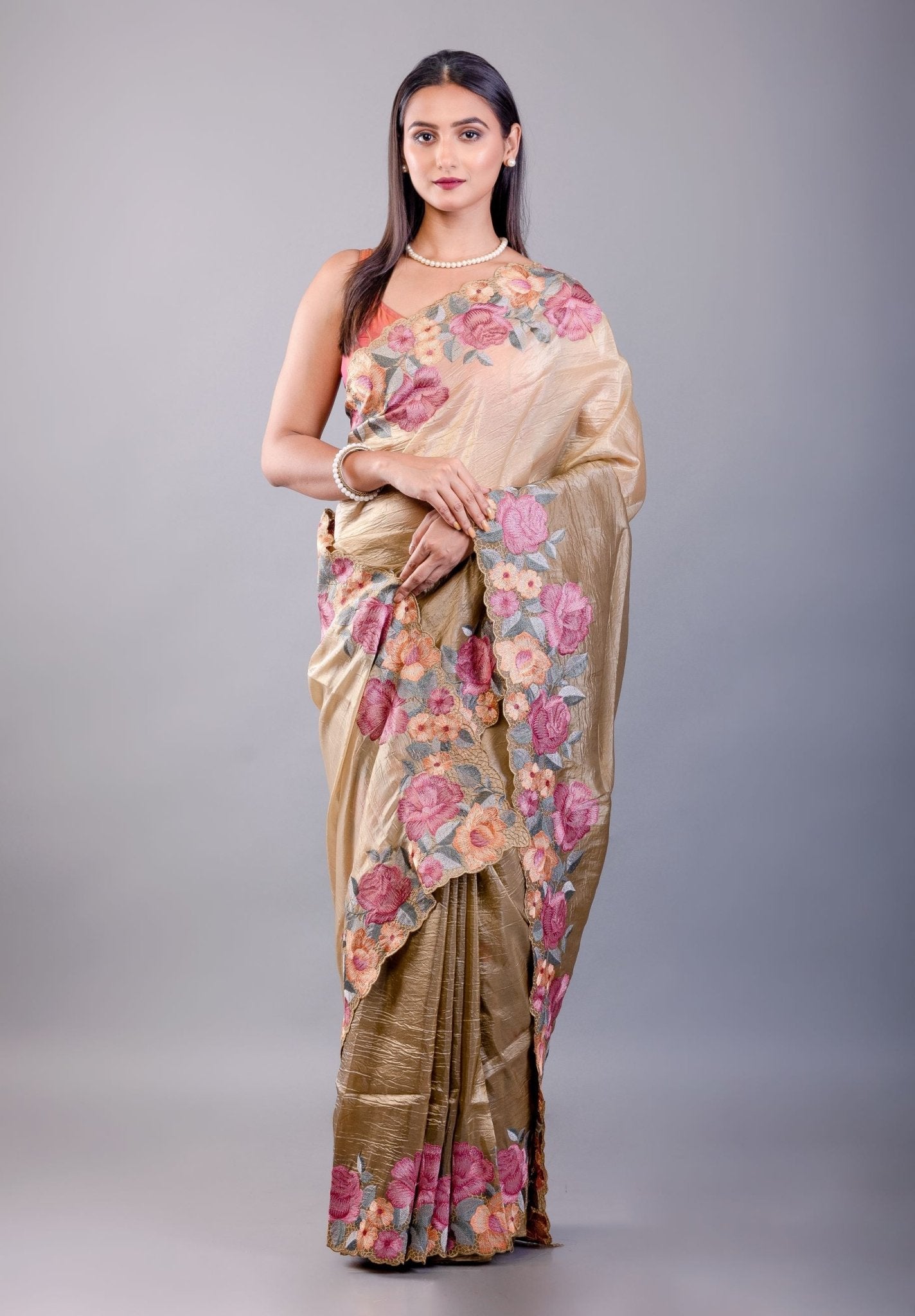 Mehendi Green Tissue Silk Saree with Floral Thread Embroidered Work - Anvi Couture