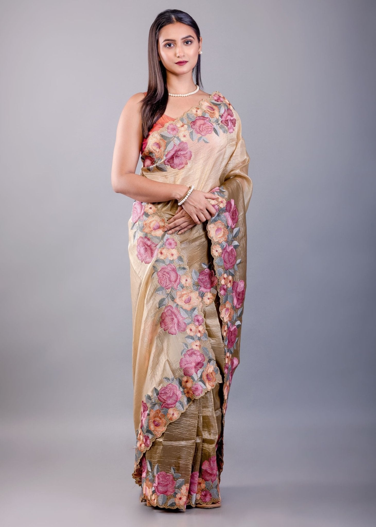 Mehendi Green Tissue Silk Saree with Floral Thread Embroidered Work - Anvi Couture