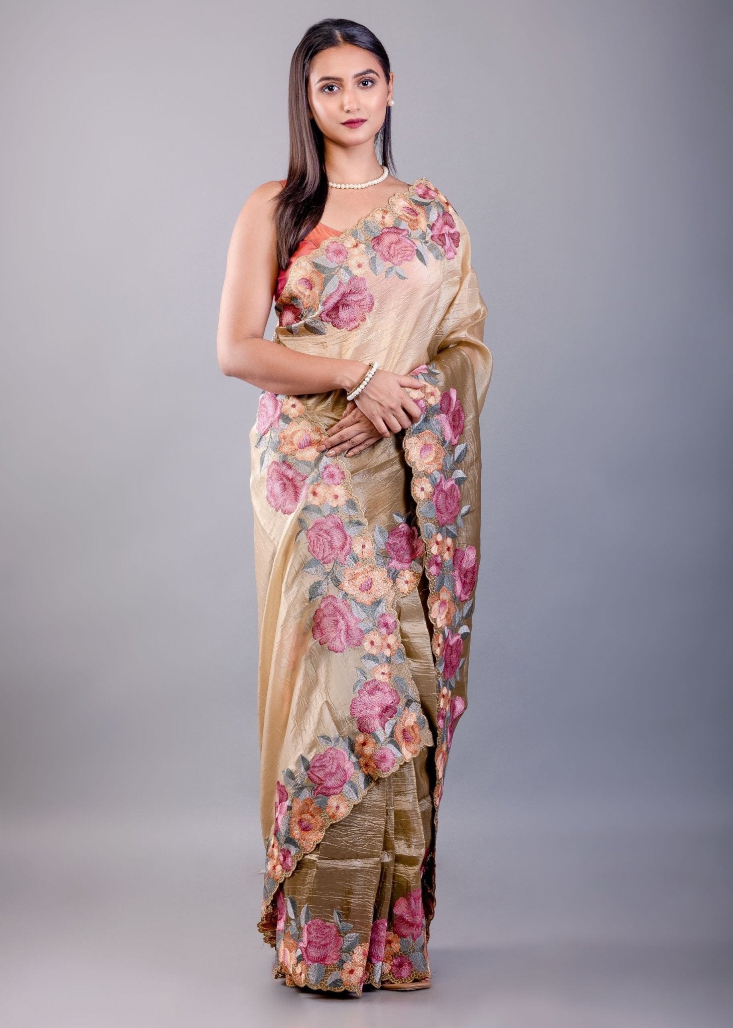 Mehendi Green Tissue Silk Saree with Floral Thread Embroidered Work - Anvi Couture