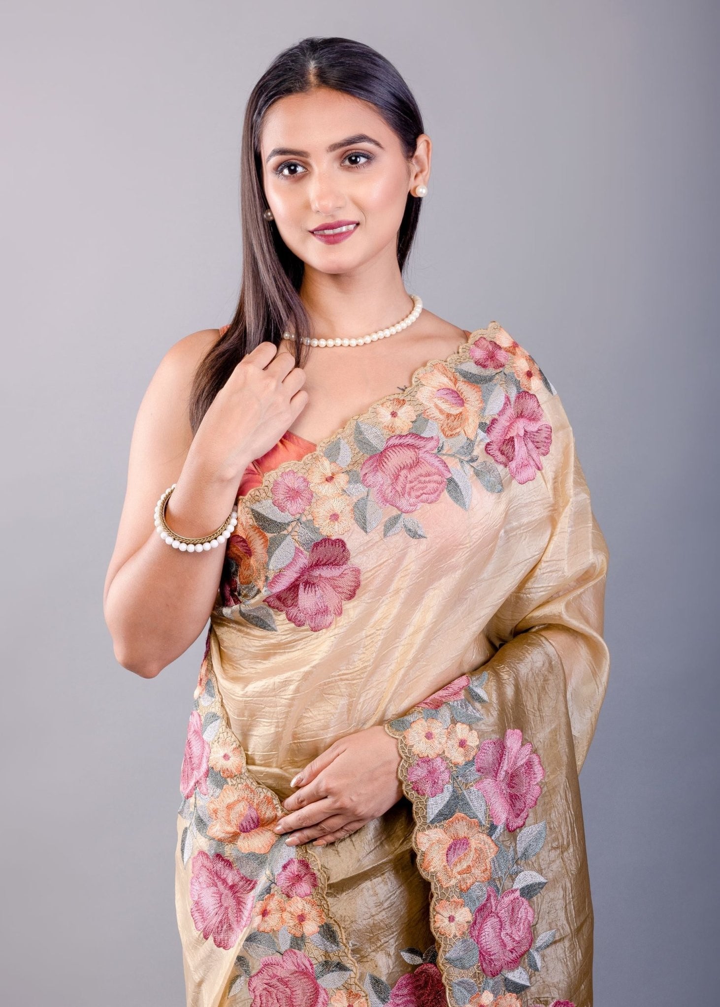 Mehendi Green Tissue Silk Saree with Floral Thread Embroidered Work - Anvi Couture