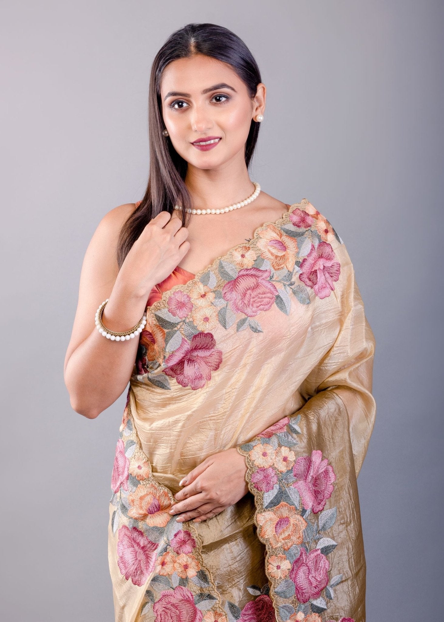 Mehendi Green Tissue Silk Saree with Floral Thread Embroidered Work - Anvi Couture