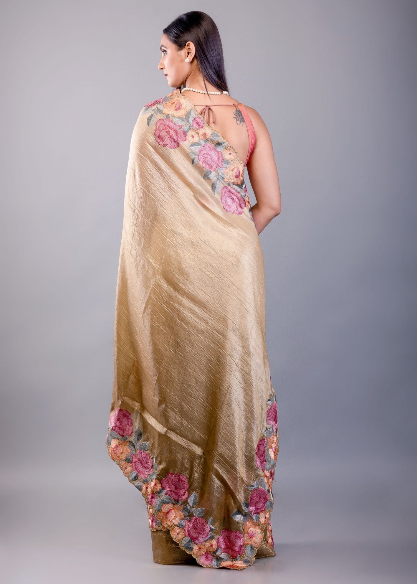 Mehendi Green Tissue Silk Saree with Floral Thread Embroidered Work - Anvi Couture