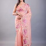 Peach Tissue Silk Saree with Floral Thread Embroidered Work - Anvi Couture