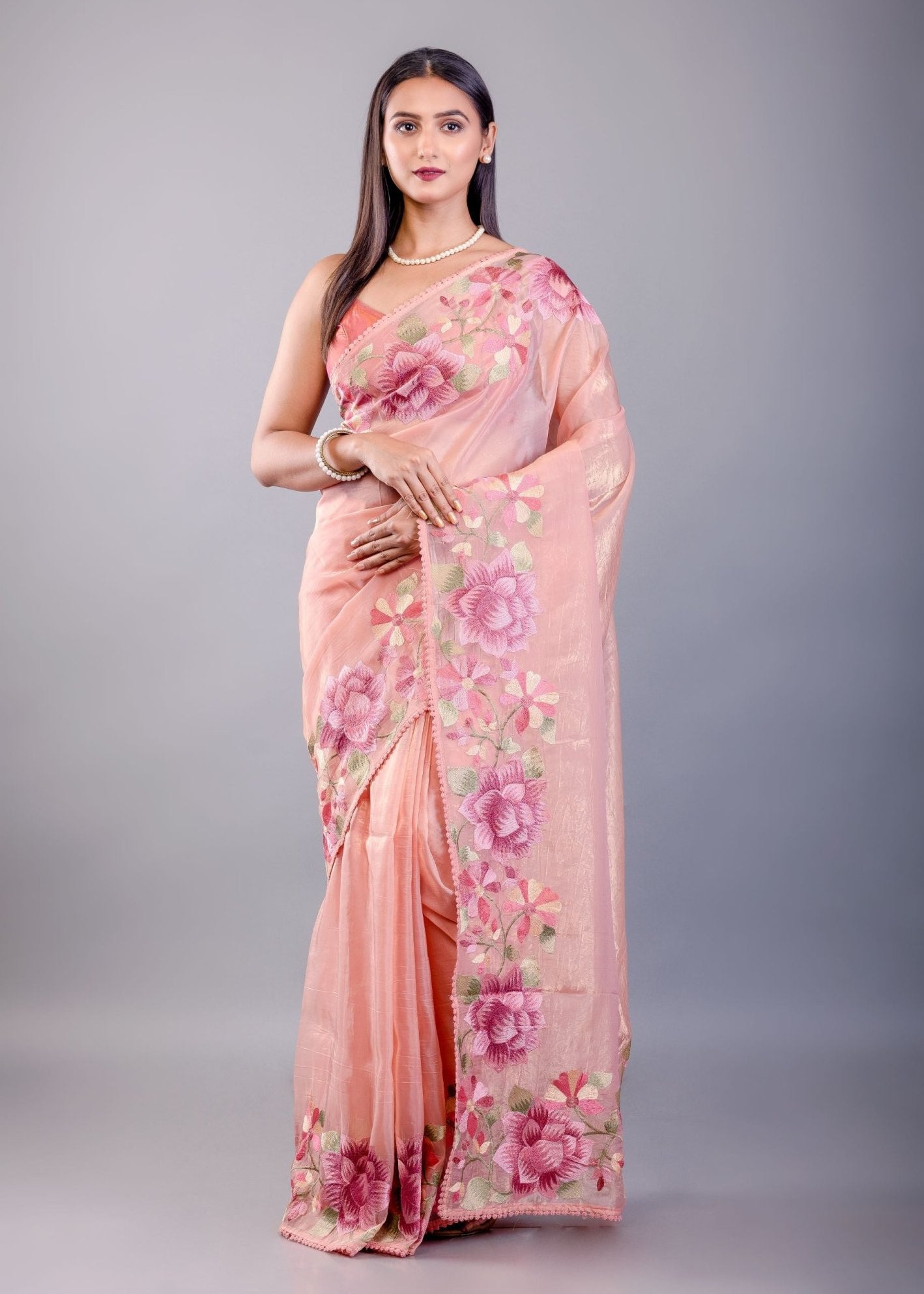 Peach Tissue Silk Saree with Floral Thread Embroidered Work - Anvi Couture