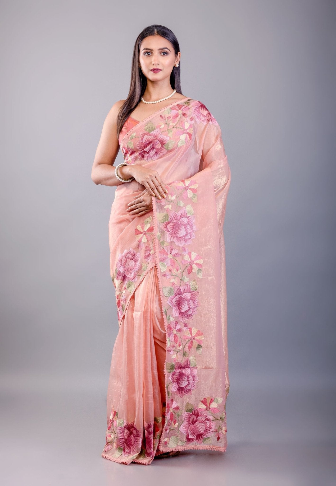 Peach Tissue Silk Saree with Floral Thread Embroidered Work - Anvi Couture