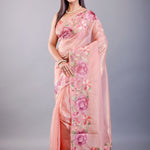 Peach Tissue Silk Saree with Floral Thread Embroidered Work - Anvi Couture
